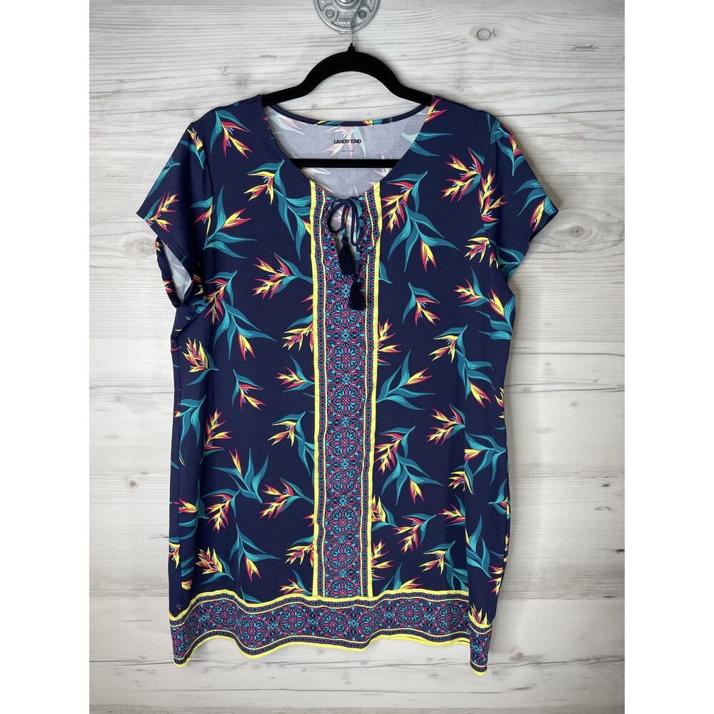 Lands' End Swim Tunic Navy Tropical-Print Large (14-16) EUC